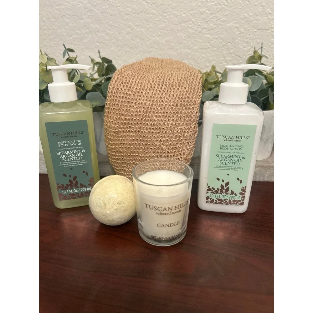 Tuscan Hills bath and body set includes spearmint and argan oil scented products